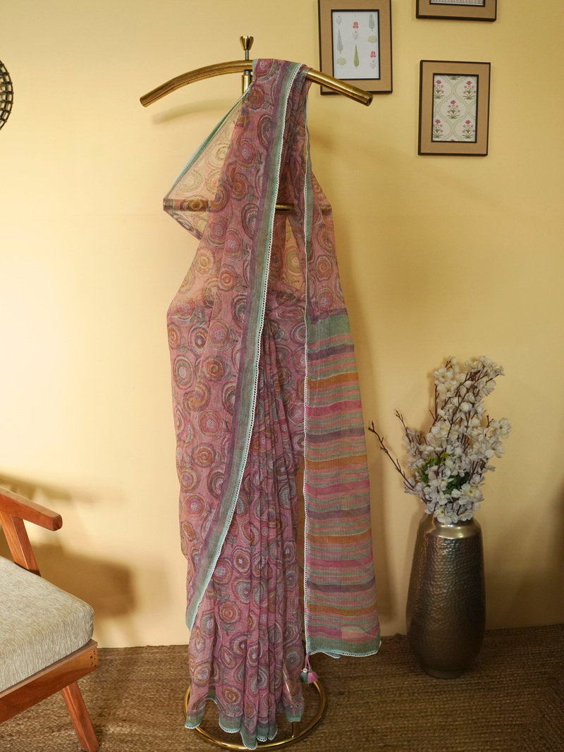 Pink Kota Doria Block Printed Saree