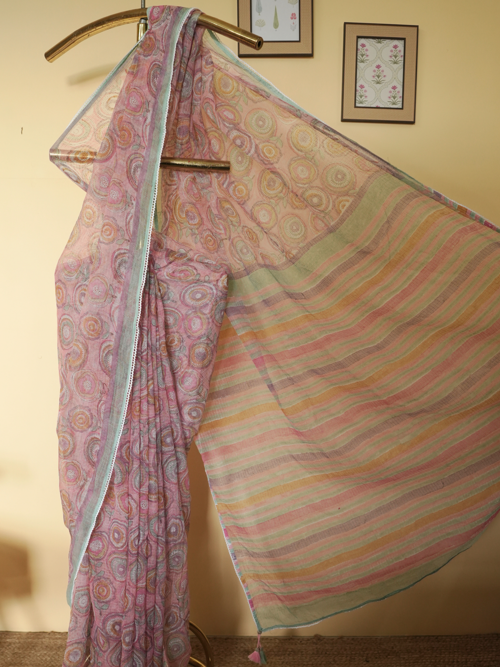 Pink Kota Doria Block Printed Saree