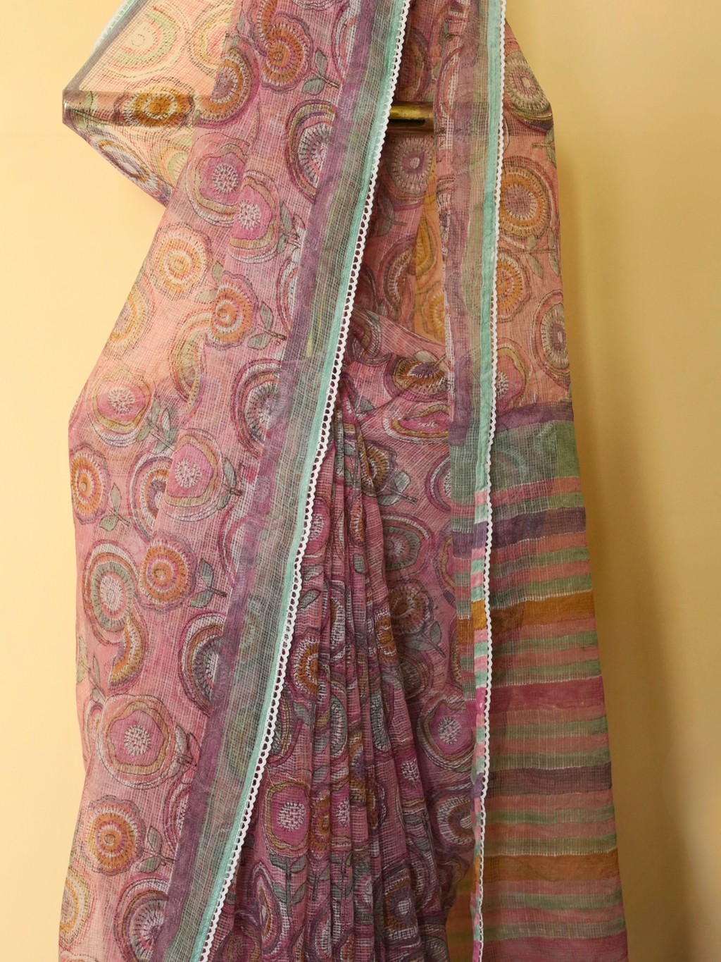 Pink Kota Doria Block Printed Saree