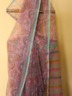 Pink Kota Doria Block Printed Saree